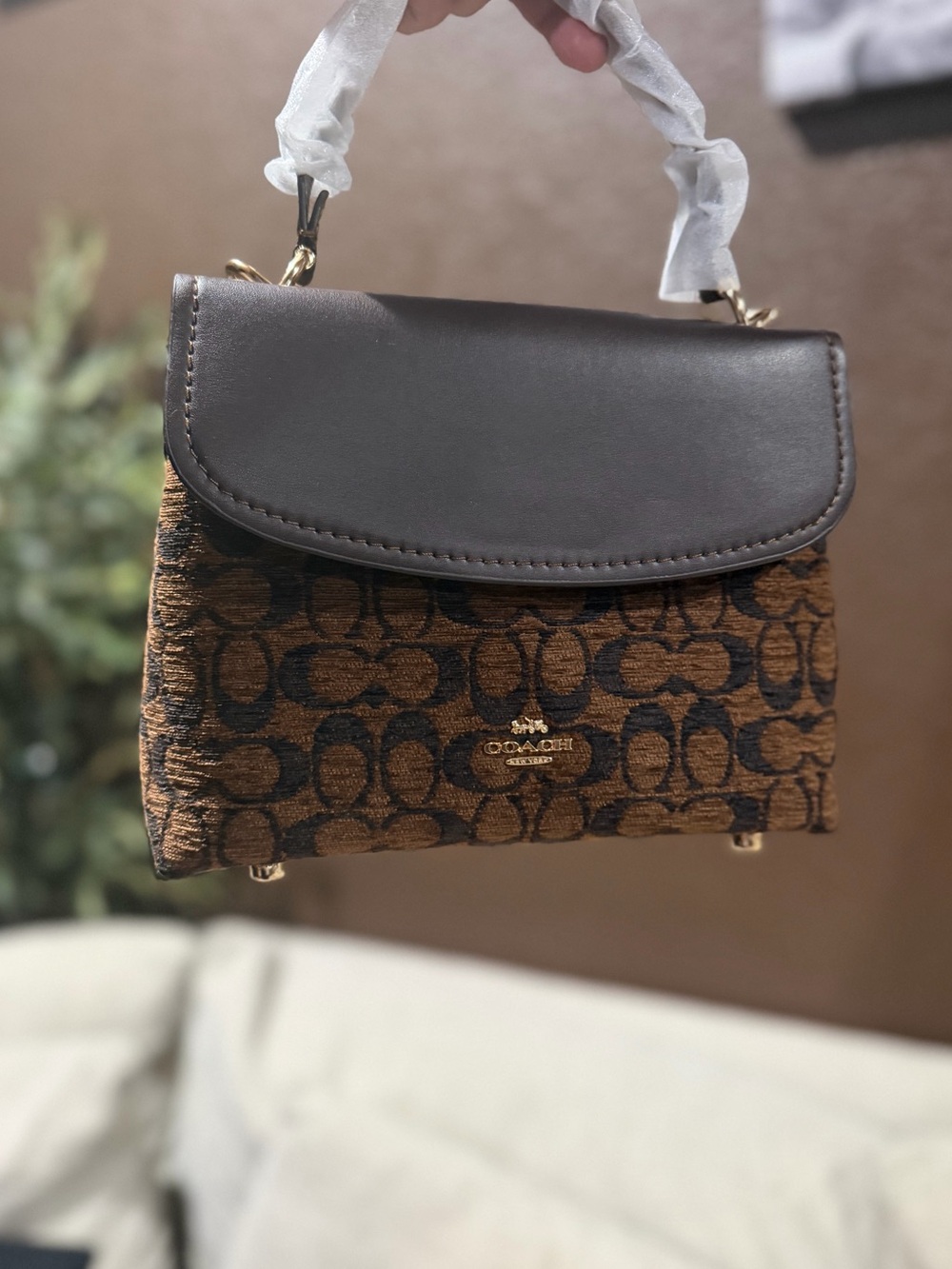 Coach Brown Signature Mini Top Handle Bag with Dark Leather Flap